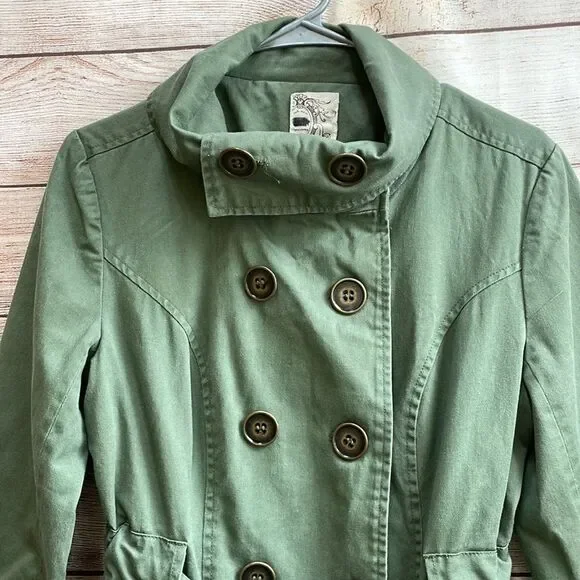 ANTHROPOLOGIE TULLE DOUBLE BREASTED TRENCH COAT IN OLIVE GREEN - Picture 7 of 8